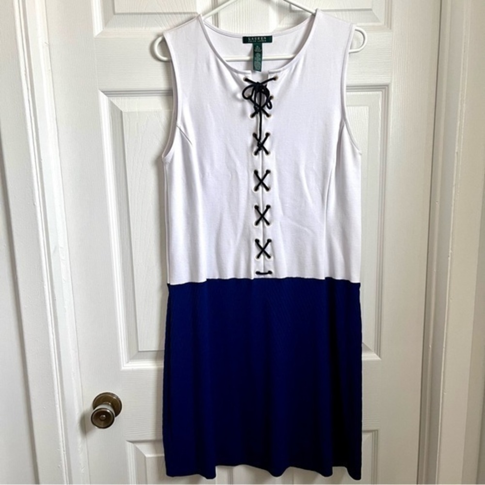 3/25$💥 Lauren Ralph Lauren Dress nautical Women Large Blue White Tie Front
